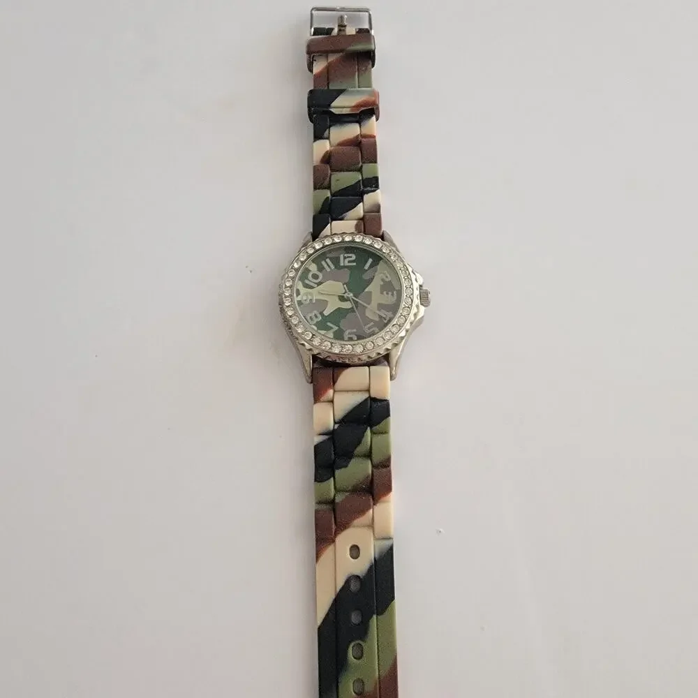 Geneva Womens Watch Green Dial 34mm Silver Case Multicolor Silicone Band